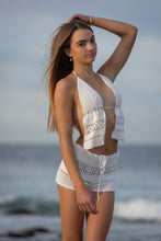 Hipster front tie shorts in white crochet