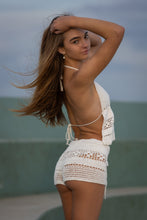 Hipster front tie shorts in white crochet