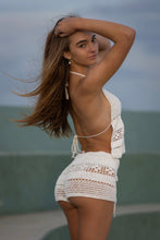 Hipster front tie shorts in white crochet